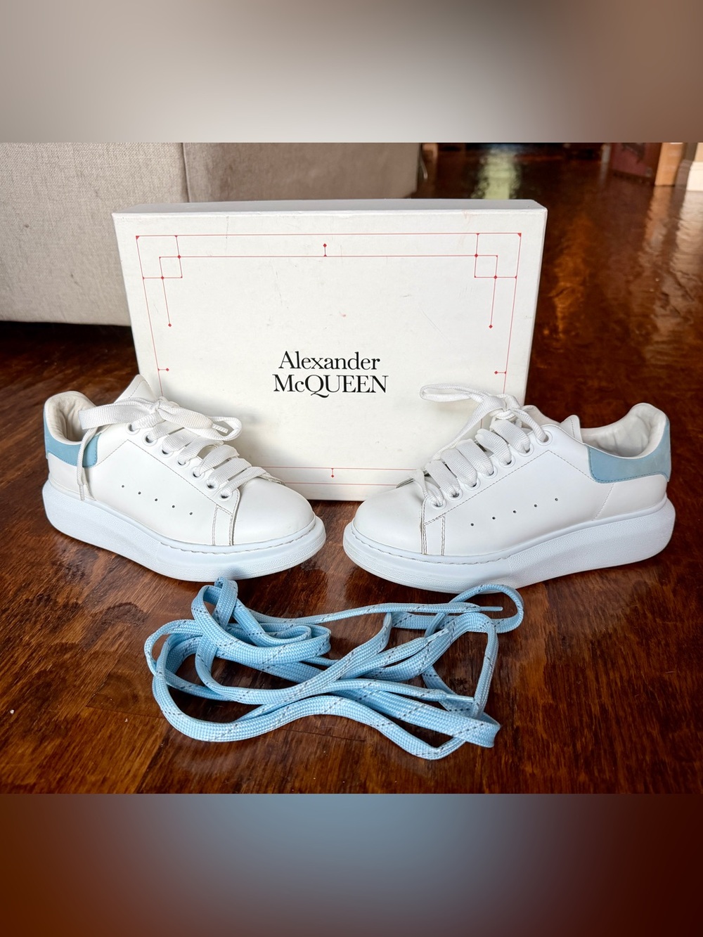 Alexander McQueen White Sneakers with Light Blue Heel Tab
